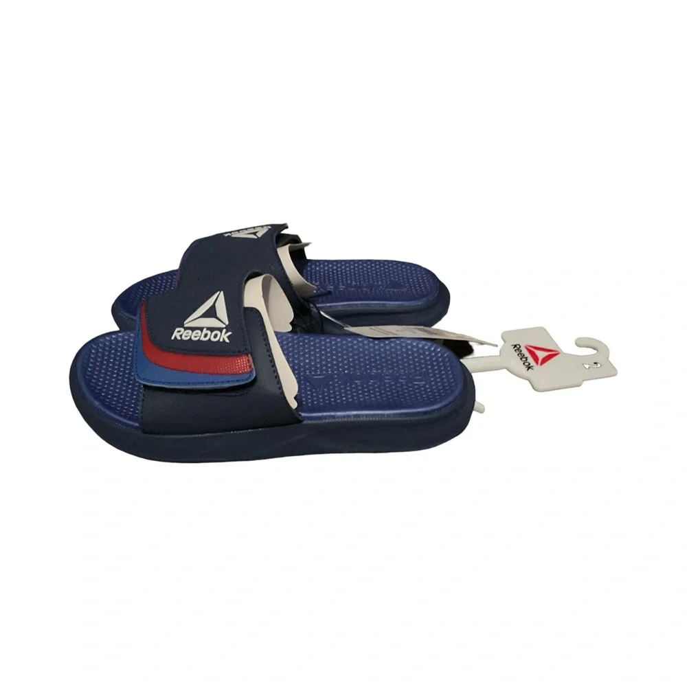 Reebok Kids Navy Slide Sandals Size 2 • Adjustable Strap Comfort Slip-On Shoes
